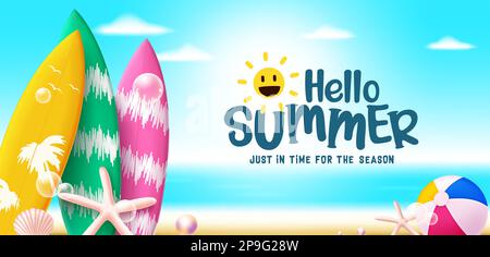 Hello summer vector design. Hello summer greeting text with surfboard and beach ball elements in background. Vector illustration summer background. Stock Vector