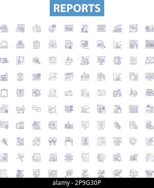Reports line icons, signs set. Records, Surveys, Findings, Evaluations, Accounts, Analyses, Summaries, Data, Figures outline vector illustrations. Stock Vector
