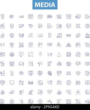 Media line icons, signs set. Media, Journalism, Broadcasting, Print, Publications, Advertising, Radio, TV, Digital outline vector illustrations. Stock Vector
