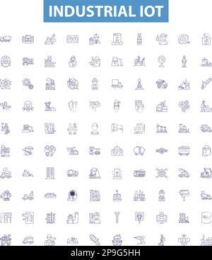 Industrial iot line icons, signs set. Industrial, IoT, Manufacturing, Automation, Connectivity, Automated, Big, Data, Sensors outline vector Stock Vector