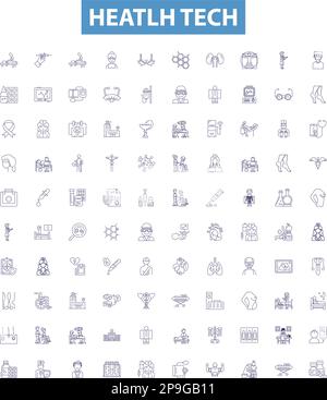 Heatlh tech line icons, signs set. healthtech, medicaltech, telemedicine, ehealth, digitalhealth, mHealth, healthcaretech, AIhealth, wellnesstech Stock Vector
