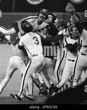 Philadelphia Phillies slugger Mike Schmidt follows through on his home run  swing in the fourth inning of World Series game, Sunday, Oct. 19, 1980 in  Kansas City. Schmidt's homer also drove in