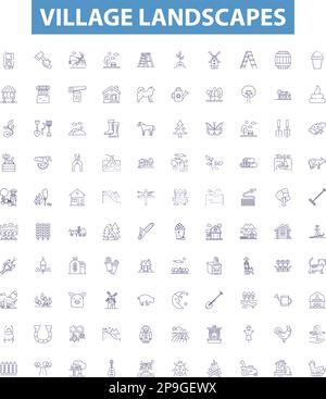 Village landscapes line icons, signs set. Village, Landscape, Vistas, Horizon, Suburbs, Fields, Houses, Cottages, Huts outline vector illustrations. Stock Vector