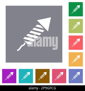 Firework rocket flat icons on simple color square backgrounds Stock Vector
