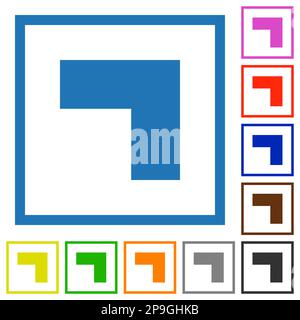 Top right 90 degrees angle arrow solid flat color icons in square frames on white background Stock Vector