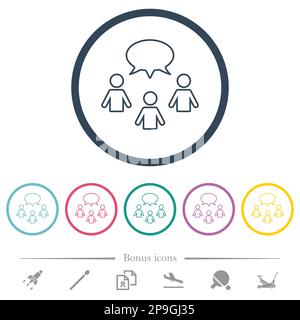 Three talking persons with oval bubble outline flat color icons in round outlines. 6 bonus icons included. Stock Vector
