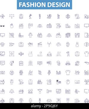 Fashion design line icons, signs set. Fashion, Design, Garment, Apparel, Style, Clothing, Trend, Textile, Pattern outline vector illustrations. Stock Vector