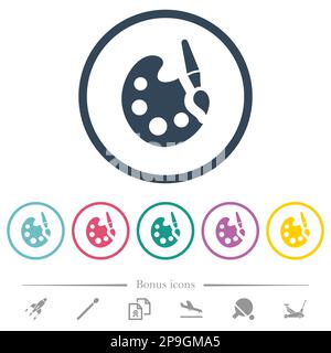 Paint kit solid flat color icons in round outlines. 6 bonus icons included. Stock Vector