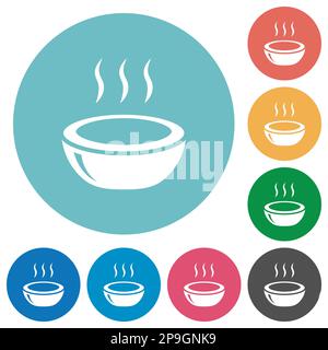 Glossy steaming bowl flat white icons on round color backgrounds Stock Vector