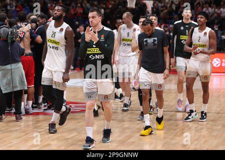 Milan, Italy. 09th Mar, 2023. Italy, Milan, march 9 2023: players of Partizan greet the fans in the stands at the end of basketball game EA7 Emporio Armani Milan vs Partizan Belgrade, EuroLeague 2022-2023 round28 (Photo by Fabrizio Andrea Bertani/Pacific Press) Credit: Pacific Press Media Production Corp./Alamy Live News Stock Photo