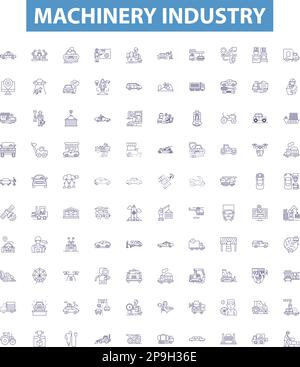Machinery industry line icons, signs set. Machinery, Industry, Engineering, Manufacturing, Production, CNC, Robotics, Automation, Parts outline vector Stock Vector
