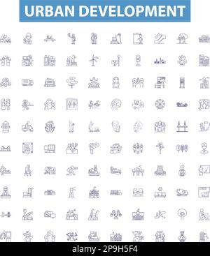 Urban development line icons, signs set. , Urbanization, Planning, Infrastructure, Transportation, Neighborhoods, Growth, Gentrification Stock Vector