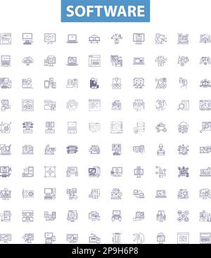 Software line icons, signs set. Software, program, applications, code, executable, software system, patch, install, update outline vector Stock Vector