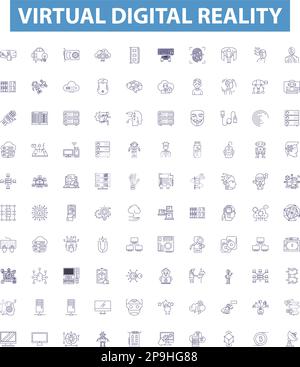 Virtual digital reality line icons, signs set. virtual, digital, reality, technology, immersive, experience, environment, simulation, gaming outline Stock Vector