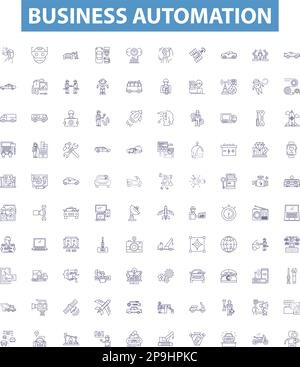 Business automation line icons, signs set. Automation, Business, Processes, Software, Technology, Robotics, Efficiency, Cloud, Solutions outline Stock Vector