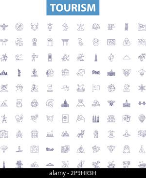 Tourism line icons, signs set. Travel, Sightseeing, Holiday, Vacation, Adventure, Hotels, Exploring, Trips, Excursions outline vector illustrations. Stock Vector