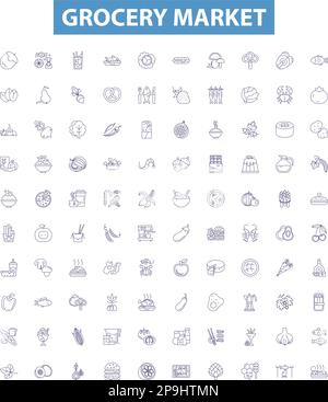 Grocery market line icons, signs set. Groceries, Market, Supermarket, Shopping, Fruits, Vegetables, Dairy, Staples, Beverages outline vector Stock Vector