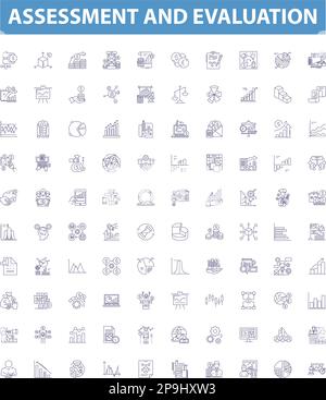 Assessment and evaluation line icons, signs set. assessment, evaluation, analysis, measurement, feedback, review, rating, testing, diagnostic outline Stock Vector