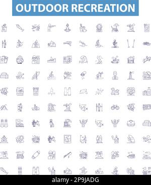 Outdoor recreation line icons, signs set. Hiking, Camping, Fishing, Kayaking, Boating, Cycling, Climbing, Hunting, Swimming outline vector Stock Vector