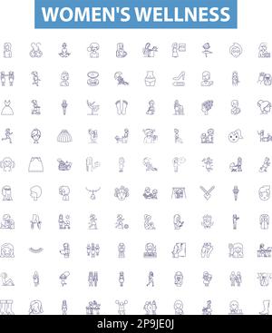 Women's wellness line icons, signs set. Female, Wellness, Health, Nutrition, Fitness, Self Care, Strength, Balance, Hormones outline vector Stock Vector