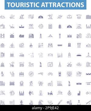 Touristic attractions line icons, signs set. Attractions, Tourism, Sites, Sightseeing, Vacations, Places, Views, Excursions, Monuments outline vector Stock Vector