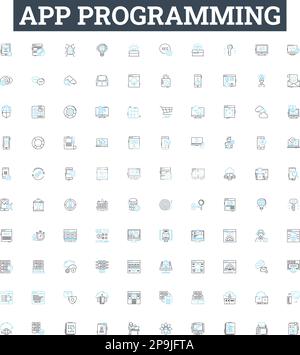 App programming vector line icons set. App, Programming, Coding, Development, iOS, Android, Design illustration outline concept symbols and signs Stock Vector