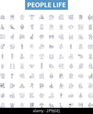 People life line icons, signs set. Life, People, Existence, Family, Jobs, Career, Relationships, Experiences, Health outline vector illustrations. Stock Vector