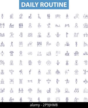 Daily routine line icons signs set. Design collection of Wake, Eat ...