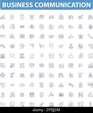 Business communication line icons, signs set. Networking, Strategies, Negotiation, Reports, Presentations, Courses, Quality, Policies, Feedback Stock Vector
