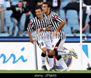 Udinese's Fabio Quagliarella, right, celebrates with his