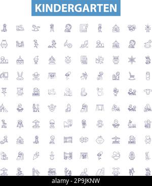 Kindergarten line icons, signs set. Preschool, Nursery, Early, Education, Learning, Play, Kinder, Toddler, Fun outline vector illustrations. Stock Vector