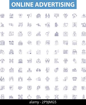Online advertising line icons, signs set. Digital, Ads, Internet, Promotions, Marketing, Optimization, Placement, Branding, Retargeting outline vector Stock Vector