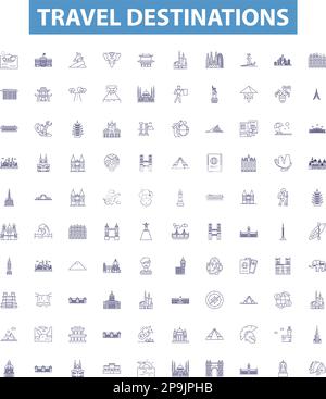 Travel destinations line icons, signs set. India, Mexico, France, Japan, Italy, Thailand, Spain, Canada, Morocco outline vector illustrations. Stock Vector