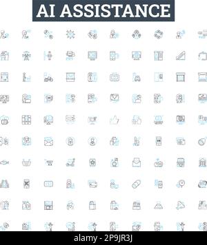 Ai assistance vector line icons set. AI, Assistance, Automation, Virtual, Voice, Assistants, Machine illustration outline concept symbols and signs Stock Vector