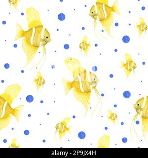 Watercolor seamless pattern of yellow angelfish isolated on black background. For greeting card design, menus, background, prints, wallpaper, fabric Stock Photo