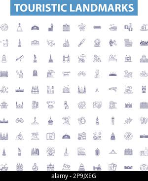 Touristic landmarks line icons, signs set. Tourist, Landmarks, Monuments, Palaces, Churches, Castles, Ruins, Statues, Artwork outline vector Stock Vector