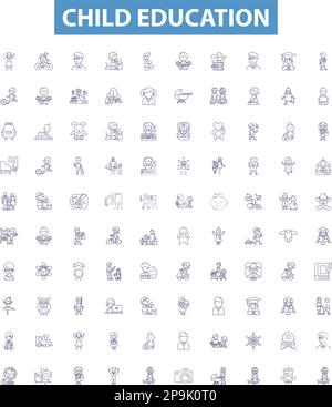 Child education line icons, signs set. Child, education, kindergarten, preschool, tutor, learning, scholar, instructor, primary outline vector Stock Vector