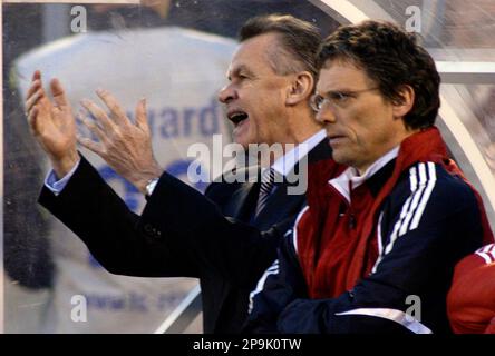 ** FILE ** May 1, 2008 file picture shows then Munich's head coach Ottmar Hitzfeld, left, gesturing as assistant coach Michael Henke looks on during the semi final second leg UEFA Cup match between FC Bayern Munich and FC Zenit St. Petersburg in St. Petersburg, Russia. . Zenit won 4-0. A Spanish judge has sent German prosecutors information suggesting that Russian mobsters fixed a UEFA Cup semifinal game last season between Russian team Zenit St. Petersburg and Bayern Munich, a leading Spanish newspaper reported Wednesday Oct 1, 2008. El Pais said a probe by Judge Baltasar Garzon has turned up