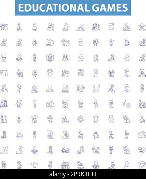 Educational games line icons, signs set. Educational, Games, Learning, Teaching, Puzzles, Quizzes, Gameshows, Simulations, Charades outline vector Stock Vector