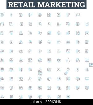 Retail marketing vector line icons set. Retailing, Merchandising, Advertising, Promoting, Selling, Branding, Targeting illustration outline concept Stock Vector