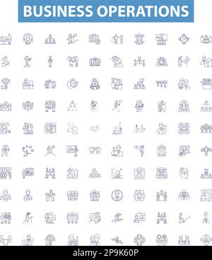 Business operations line icons, signs set. Commerce, Financing, Marketing, Planning, Consulting, Logistics, Networking, Staffing, Manufacturing Stock Vector