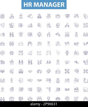 Hr manager line icons, signs set. HR, Manager, Human, Resources, Recruiting, Hiring, Training, Retention, Benefits outline vector illustrations. Stock Vector