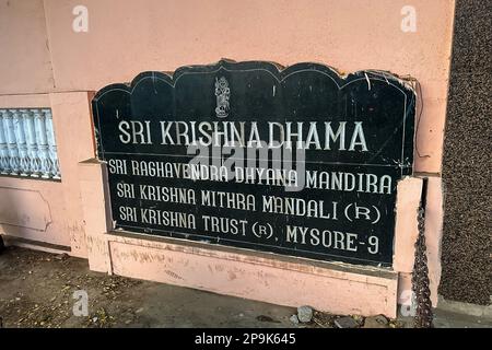 Entrance of Krishna Dhama Temple dedicated to Udupi Sri Krishna, Mysuru. MYSORE, KARNATAKA, INDIA - FEB 2023 Stock Photo