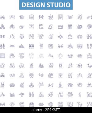 Design studio line icons, signs set. Design, Studio, Art, Creative, Graphics, Architecture, Interiors, Visual, Projects outline vector illustrations. Stock Vector