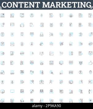 Content marketing vector line icons set. Content, Marketing, Strategy, Blogging, SEO, Social, Advertising illustration outline concept symbols and Stock Vector