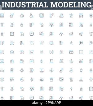 industrial modeling vector line icons set. Industrial, Modeling, Manufacturing, Process, Factory, Simulation, Analysis illustration outline concept Stock Vector
