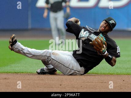 Florida Marlins' Hanley Ramirez throws to second to put out New