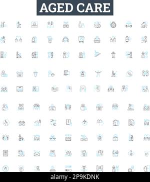 Aged care vector line icons set. Aging, Care, Elderly, Assisted, Supportive, Nursing, Retirement illustration outline concept symbols and signs Stock Vector