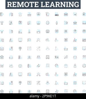 Remote learning vector line icons set. Remote, Learning, Online, Education, Teleclass, Videoconferencing, Webinar illustration outline concept symbols Stock Vector