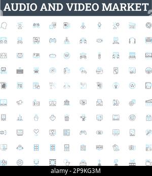 audio and video market vector line icons set. Audio, Video, Market, Multimedia, Sound, Streaming, Digital illustration outline concept symbols and Stock Vector